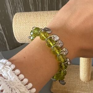 NWT Olive Green Bead Bracelet with Silver Heart Accents